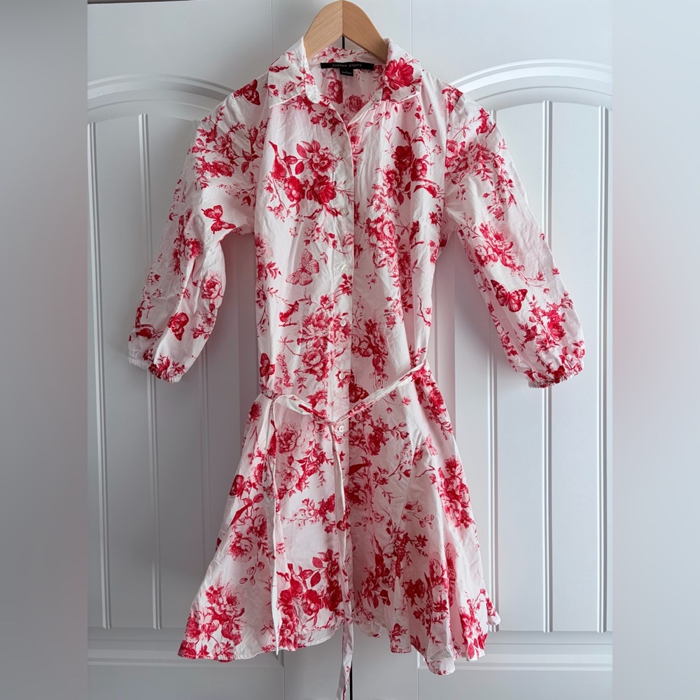 Cynthia Steffe White Red Floral Toile Belted Shirt‎ Dress 3/4 Sleeve Size S